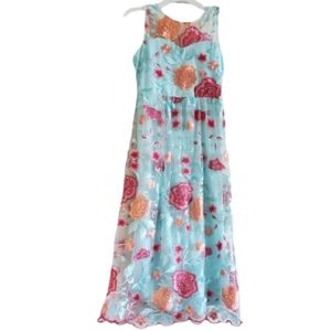 Rare Editions Teal Floral Embroidered Pink Scallop Tulle Sleeveless Dress 10